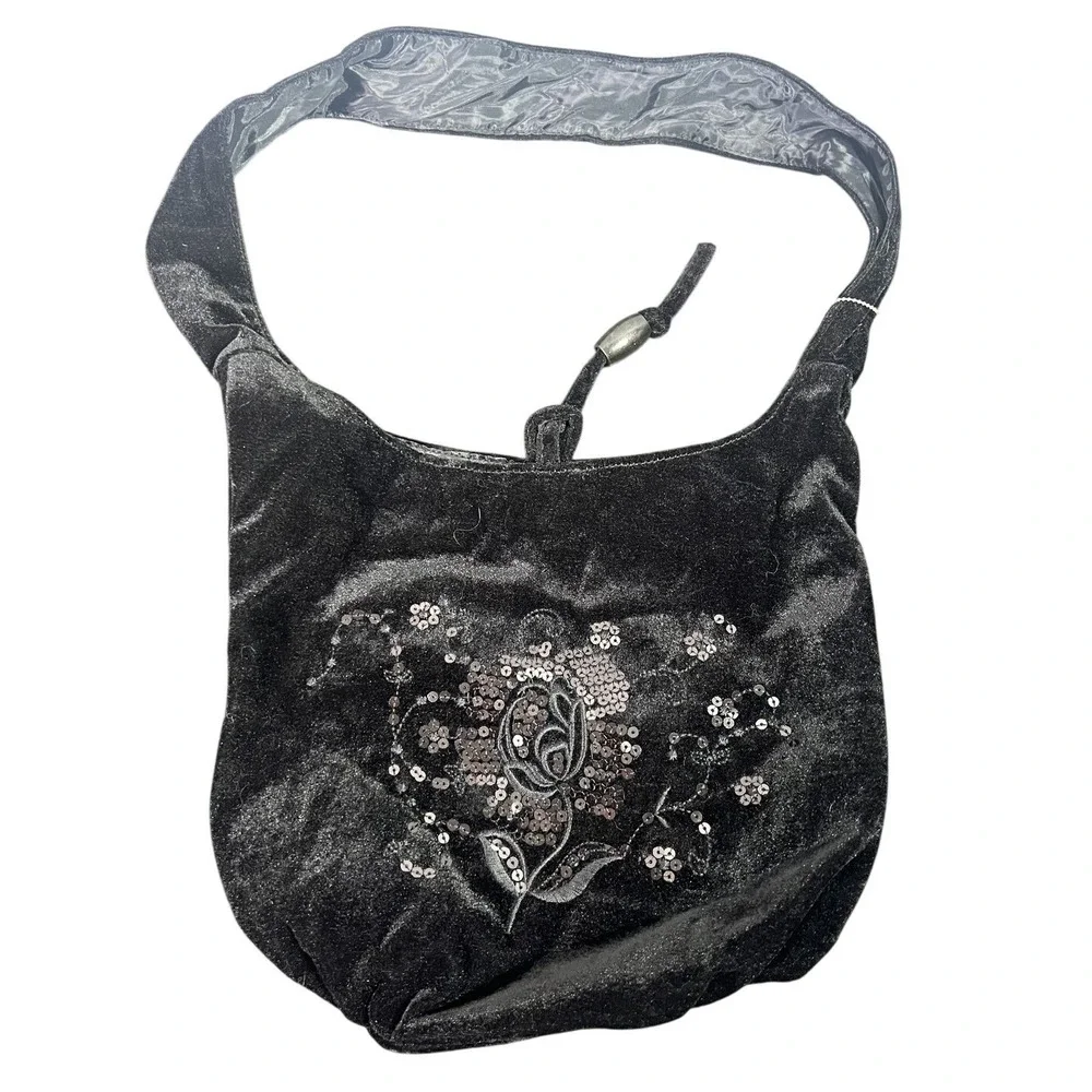 Massini Black Velvet Sequin Embroidered Floral Shoulder Bag Hobo Drawstring - Picture 1 of 4